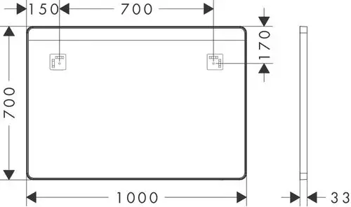 Technische Zeichnung eines rechteckigen Wandpaneels mit Abmessungen 1000 mm x 700 mm x 33 mm und Anschlüssen.